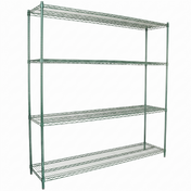 A large, freestanding green epoxy-coated shelving unit with four wire mesh shelves and an open design. The NSF-certified frame offers durability and ample storage for various items. The background is plain white.