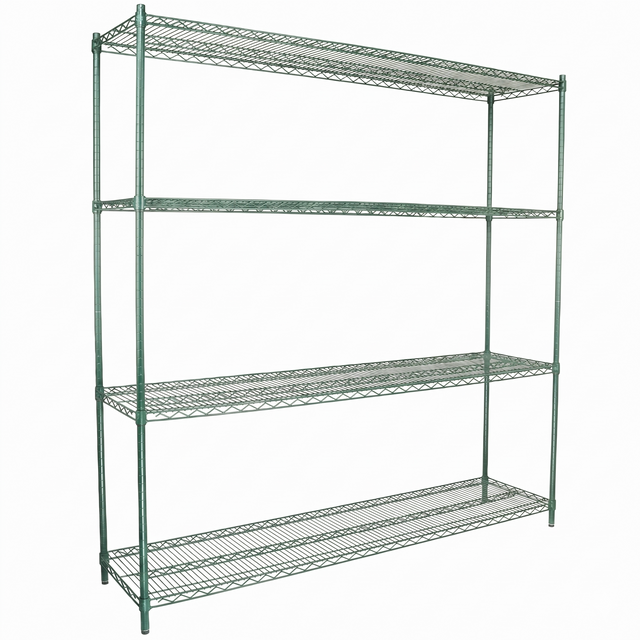 A large, freestanding green epoxy-coated shelving unit with four wire mesh shelves and an open design. The NSF-certified frame offers durability and ample storage for various items. The background is plain white.