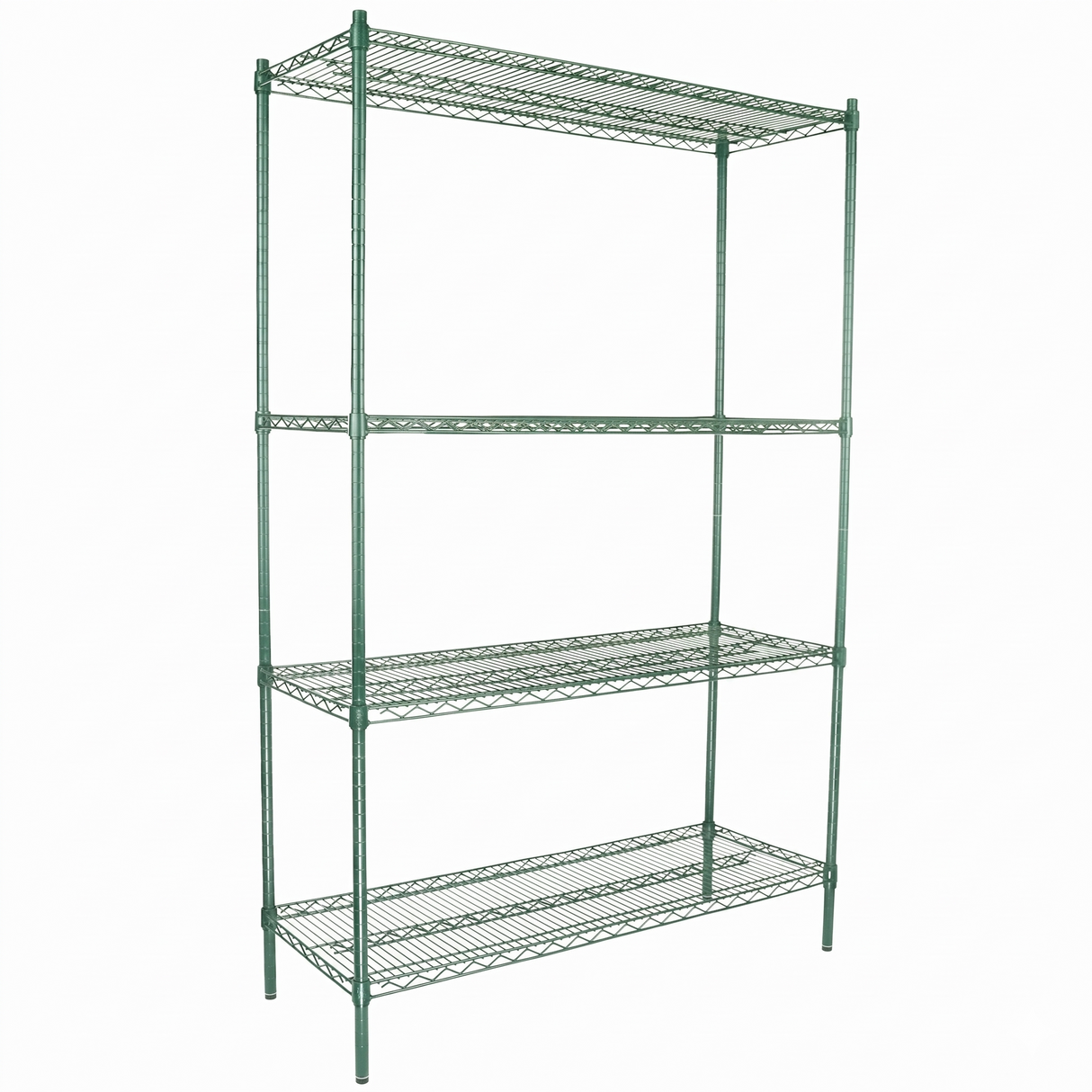 A green epoxy-coated iron shelving unit with four adjustable shelves, open sides, and a rectangular frame. The NSF-certified shelves feature a grid-like pattern, and the unit stands on four straight legs against a plain white background.