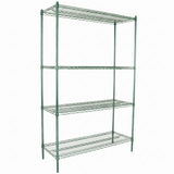 A green epoxy-coated iron shelving unit with four adjustable shelves, open sides, and a rectangular frame. The NSF-certified shelves feature a grid-like pattern, and the unit stands on four straight legs against a plain white background.