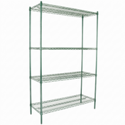 A green epoxy-coated iron shelving unit with four adjustable shelves, open sides, and a rectangular frame. The NSF-certified shelves feature a grid-like pattern, and the unit stands on four straight legs against a plain white background.