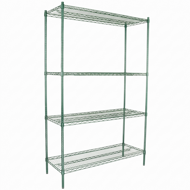 A green epoxy-coated iron shelving unit with four adjustable shelves, open sides, and a rectangular frame. The NSF-certified shelves feature a grid-like pattern, and the unit stands on four straight legs against a plain white background.
