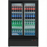A sleek Glass Door Refrigerator filled with bottled drinks: Coca-Cola on top, Diet Coke and Sprite in the middle, and Aquafina and Dasani waters below. This black Empura Refrigerator Merchandiser is perfect for showcasing refreshments.
