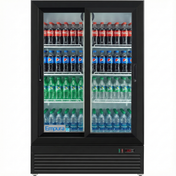 A sleek Glass Door Refrigerator filled with bottled drinks: Coca-Cola on top, Diet Coke and Sprite in the middle, and Aquafina and Dasani waters below. This black Empura Refrigerator Merchandiser is perfect for showcasing refreshments.