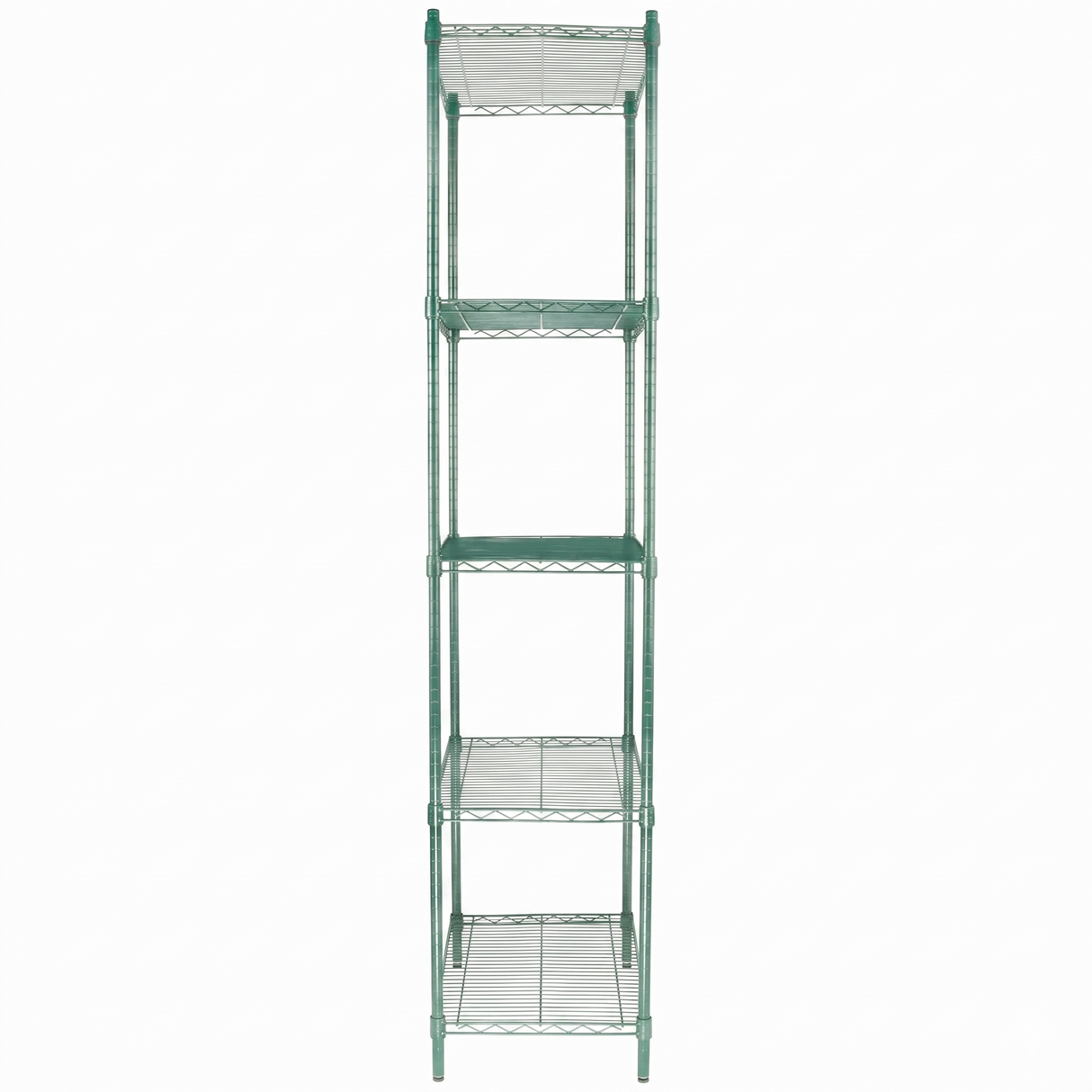 A tall, narrow, green epoxy-coated metal shelving unit with five wire mesh shelves and an open frame design, shown against a white background. The NSF shelving unit is symmetrical, with evenly spaced shelves from top to bottom.