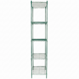 A tall, narrow, green epoxy-coated metal shelving unit with five wire mesh shelves and an open frame design, shown against a white background. The NSF shelving unit is symmetrical, with evenly spaced shelves from top to bottom.