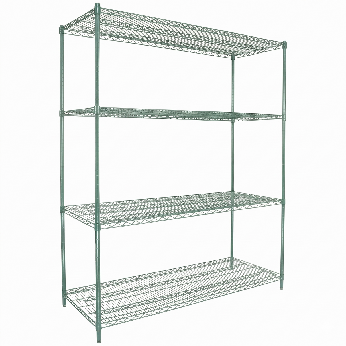 A free-standing shelving unit made of green epoxy-coated iron with four shelves, open sides, and NSF certification. The shelves are evenly spaced and supported by slender vertical posts against a plain white background.