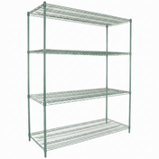 A free-standing shelving unit made of green epoxy-coated iron with four shelves, open sides, and NSF certification. The shelves are evenly spaced and supported by slender vertical posts against a plain white background.