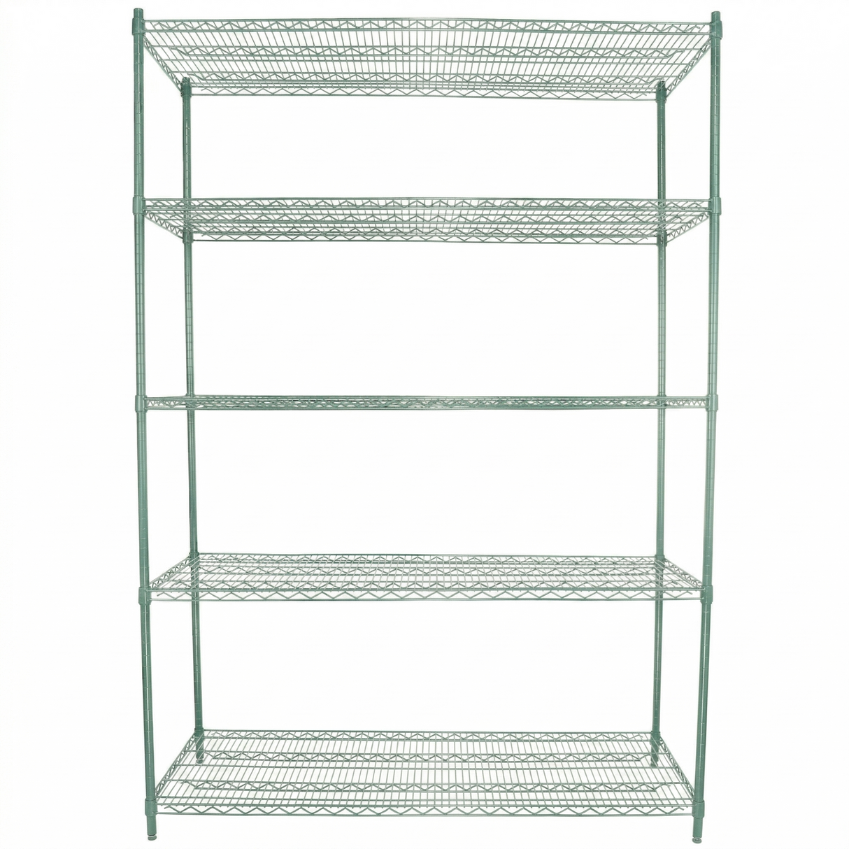 A green epoxy-coated NSF shelving unit with five evenly spaced shelves, open sides, and a rectangular metal frame. The shelves feature a grid of thin rods, while four legs support the empty unit against a white background.