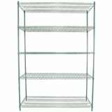 A green epoxy-coated NSF shelving unit with five evenly spaced shelves, open sides, and a rectangular metal frame. The shelves feature a grid of thin rods, while four legs support the empty unit against a white background.
