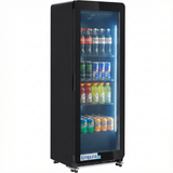 A black, glass-fronted Refrigerator Merchandiser with four shelves stocked with bottled drinks like Coca-Cola, Monster Energy, Snapple, Sprite, and Fanta. The fridge is lit inside and features “Empura” branding at the bottom.