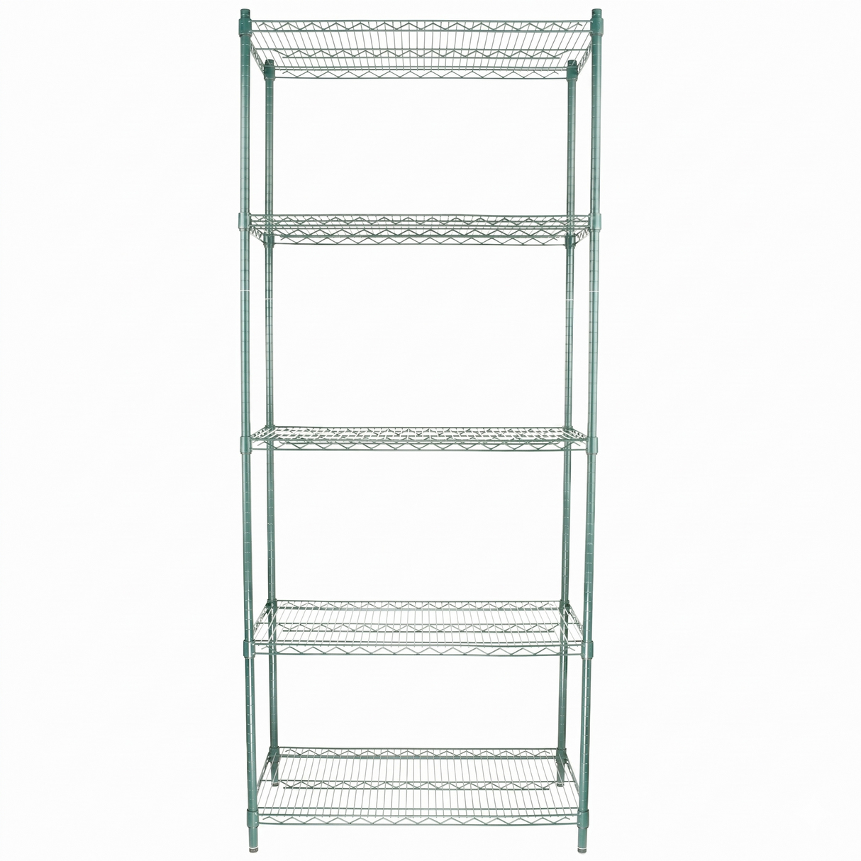 A tall, free-standing green epoxy-coated shelving unit with five wire shelves, evenly spaced and supported by four vertical rods. NSF-certified, its silver frame is open on all sides and showcases a simple, minimalist design against a plain white background.