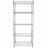 A tall, free-standing green epoxy-coated shelving unit with five wire shelves, evenly spaced and supported by four vertical rods. NSF-certified, its silver frame is open on all sides and showcases a simple, minimalist design against a plain white background.