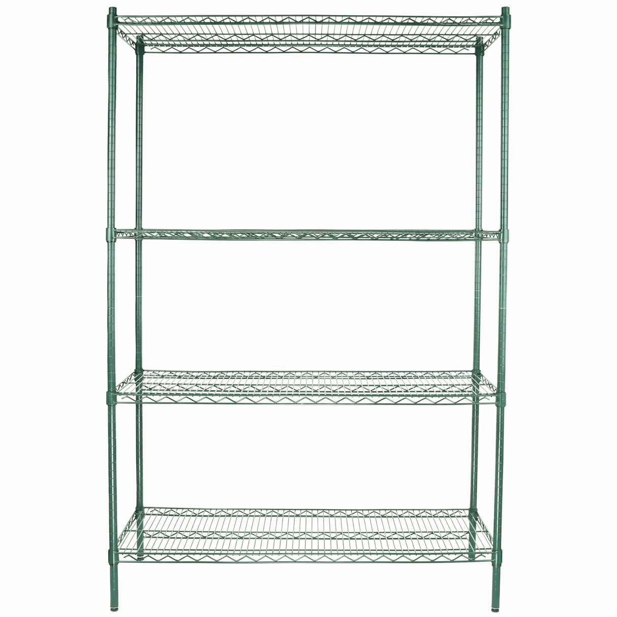 A freestanding NSF shelving unit with four shelves, crafted from green epoxy-coated iron rods in a grid pattern. The evenly spaced shelves and sturdy frame stand on four legs against a plain white background.