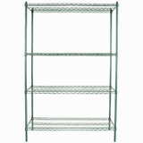 A freestanding NSF shelving unit with four shelves, crafted from green epoxy-coated iron rods in a grid pattern. The evenly spaced shelves and sturdy frame stand on four legs against a plain white background.