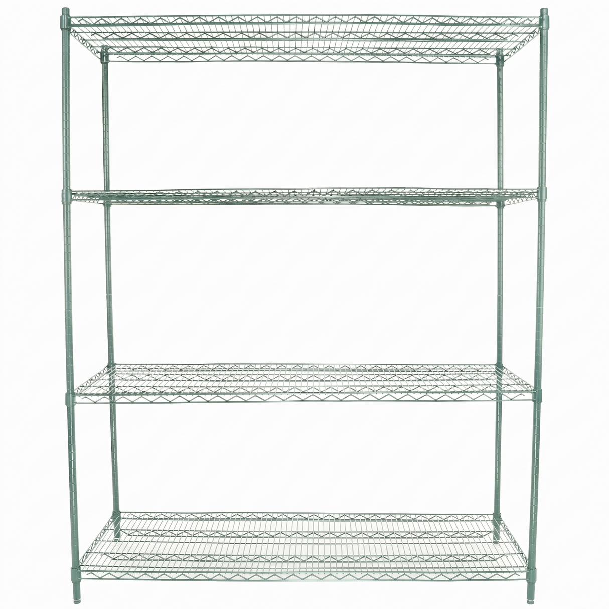 NSF certified shelving unit with four open shelves, supported by sturdy vertical posts at each corner. Made of metal mesh with a green epoxy-coated iron finish, it stands out against a plain white background.