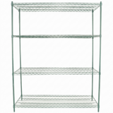 NSF certified shelving unit with four open shelves, supported by sturdy vertical posts at each corner. Made of metal mesh with a green epoxy-coated iron finish, it stands out against a plain white background.