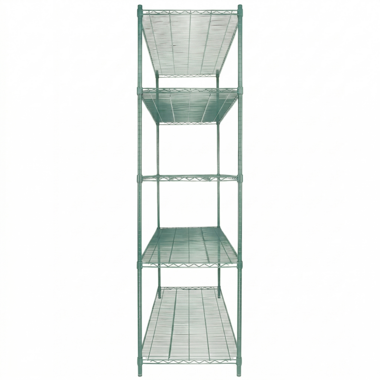 A green epoxy-coated shelving unit with four spacious wire shelves stands vertically, its NSF-certified frame and shelves empty against a plain white background.