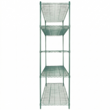 A green epoxy-coated shelving unit with four spacious wire shelves stands vertically, its NSF-certified frame and shelves empty against a plain white background.
