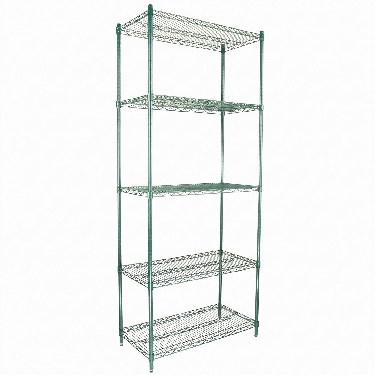 A freestanding NSF green epoxy-coated shelving unit with five adjustable wire shelves, supported by four vertical posts. The unit is empty, featuring an open design, and stands against a plain white background.