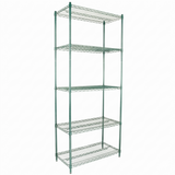A freestanding NSF green epoxy-coated shelving unit with five adjustable wire shelves, supported by four vertical posts. The unit is empty, featuring an open design, and stands against a plain white background.