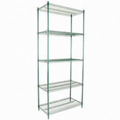 A freestanding NSF green epoxy-coated shelving unit with five adjustable wire shelves, supported by four vertical posts. The unit is empty, featuring an open design, and stands against a plain white background.