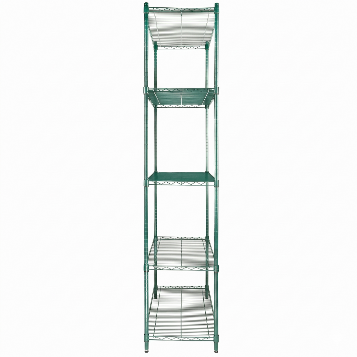 A tall, green epoxy-coated NSF shelving unit with five evenly spaced wire shelves. The open structure features four vertical posts at each corner, set against a plain white background that highlights its minimalist design.