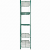 A tall, green epoxy-coated NSF shelving unit with five evenly spaced wire shelves. The open structure features four vertical posts at each corner, set against a plain white background that highlights its minimalist design.