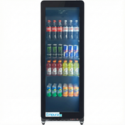 A glass-door Empura Refrigerator Merchandiser filled with assorted bottled and canned drinks, including Coca-Cola, Diet Coke, Monster Energy, Gatorade (red and yellow), Sprite, and Fanta, neatly arranged on four shelves for commercial refrigeration.