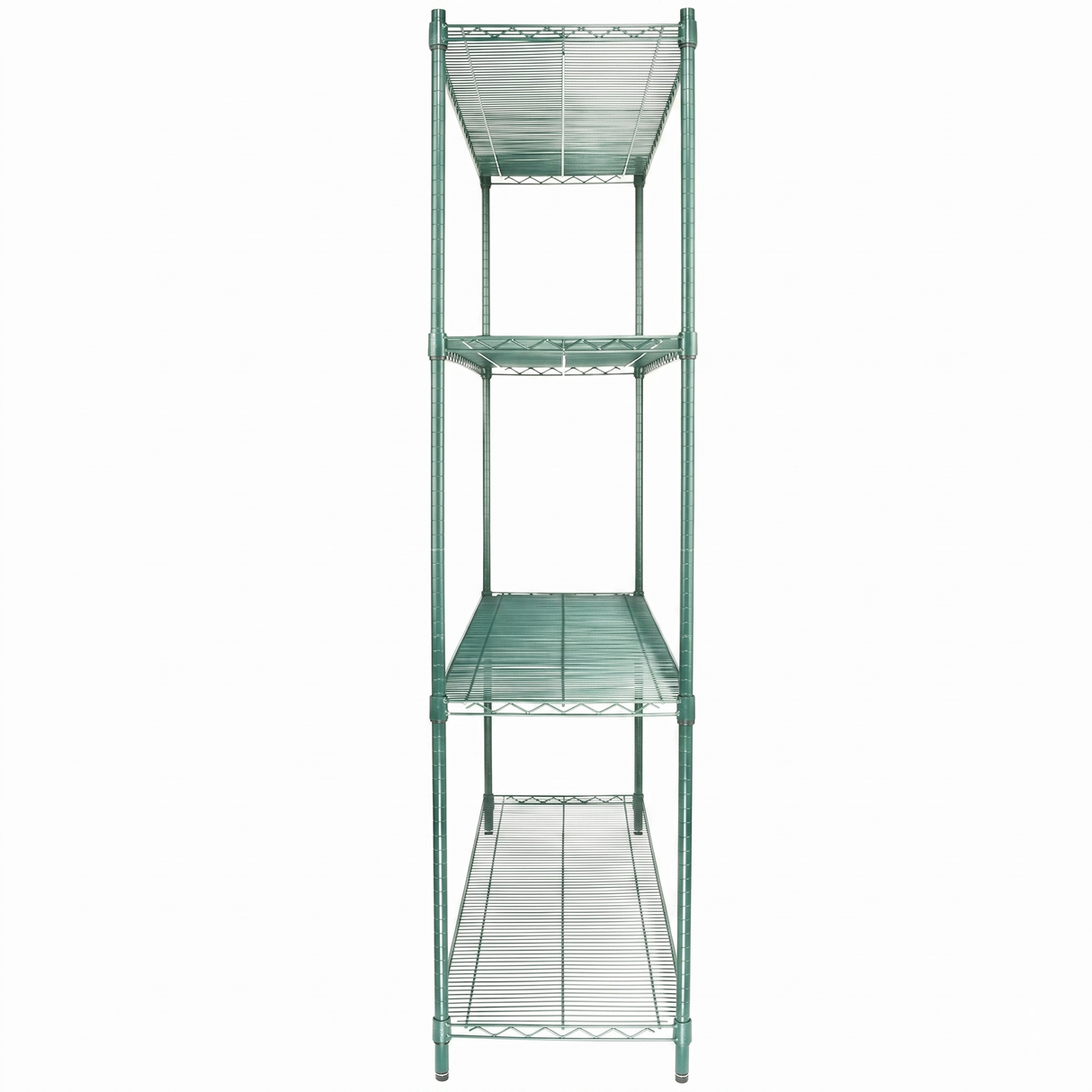 A tall, green epoxy-coated iron NSF shelving unit with four wire shelves, viewed from the front. The open shelves are evenly spaced, and the frame is simple, with vertical support posts at each corner. The background is plain white.
