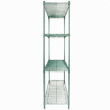 A tall, green epoxy-coated iron NSF shelving unit with four wire shelves, viewed from the front. The open shelves are evenly spaced, and the frame is simple, with vertical support posts at each corner. The background is plain white.