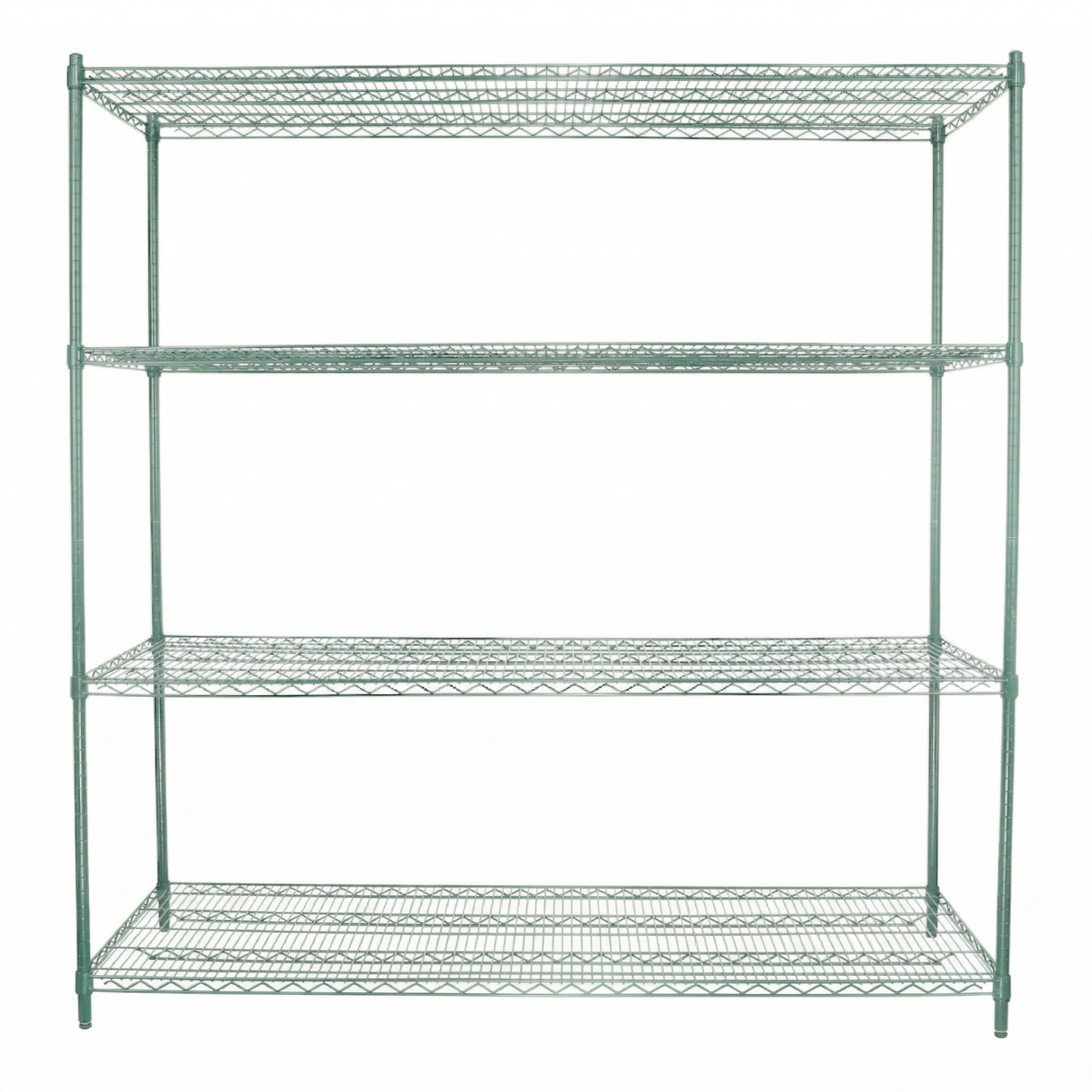 A green epoxy-coated NSF shelving unit with four spacious shelves and an open, grid-like design. The sturdy metal unit stands on four tall legs and is empty, showcased against a white background.