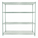 A green epoxy-coated NSF shelving unit with four spacious shelves and an open, grid-like design. The sturdy metal unit stands on four tall legs and is empty, showcased against a white background.