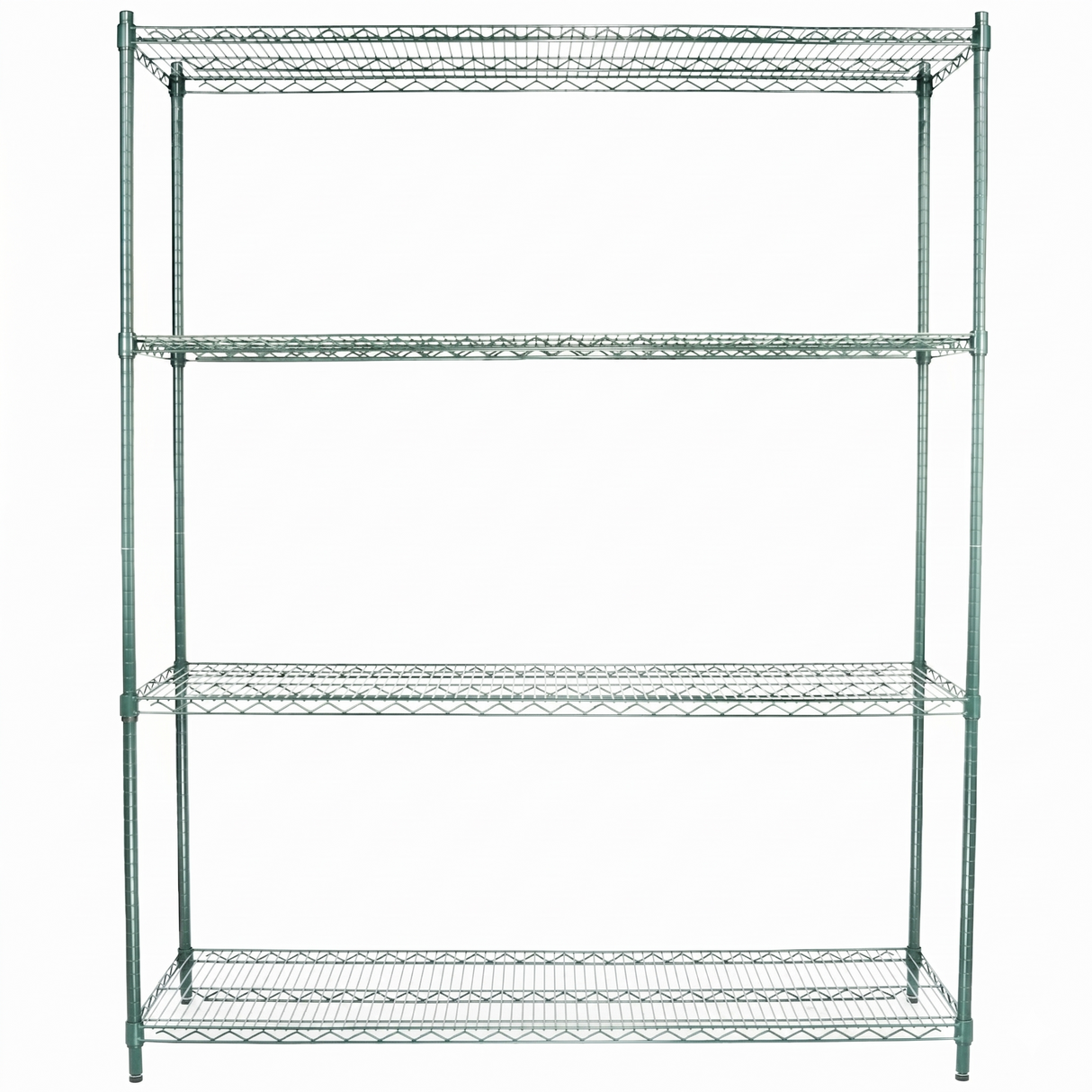A large NSF shelving unit featuring four adjustable shelves and an open design. The frame is silver, with each shelf made of a grid of metal wires, supported by four vertical poles at each corner. The background is plain white.