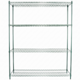 A large NSF shelving unit featuring four adjustable shelves and an open design. The frame is silver, with each shelf made of a grid of metal wires, supported by four vertical poles at each corner. The background is plain white.
