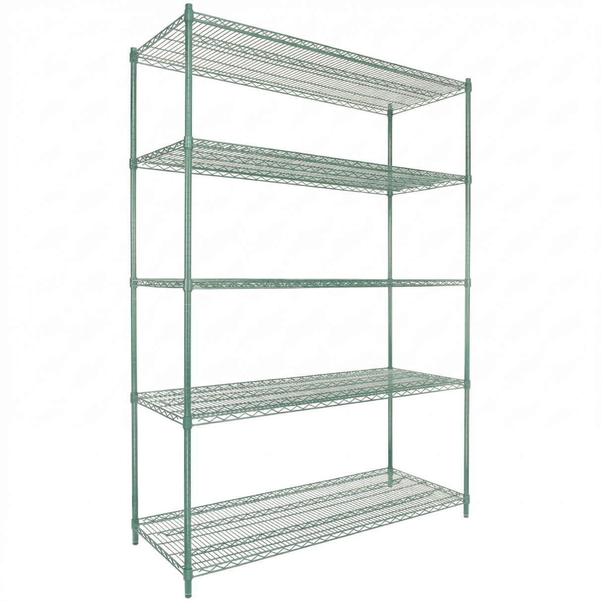 A large, green epoxy-coated metal wire shelving unit with five evenly spaced shelves. The NSF-certified open-frame structure has vertical support poles at each corner, and each shelf is made of a grid of thin metal bars. The background is plain white.