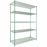 A large, green epoxy-coated metal wire shelving unit with five evenly spaced shelves. The NSF-certified open-frame structure has vertical support poles at each corner, and each shelf is made of a grid of thin metal bars. The background is plain white.