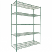 A large, green epoxy-coated metal wire shelving unit with five evenly spaced shelves. The NSF-certified open-frame structure has vertical support poles at each corner, and each shelf is made of a grid of thin metal bars. The background is plain white.