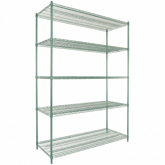 A large, green epoxy-coated metal wire shelving unit with five evenly spaced shelves. The NSF-certified open-frame structure has vertical support poles at each corner, and each shelf is made of a grid of thin metal bars. The background is plain white.