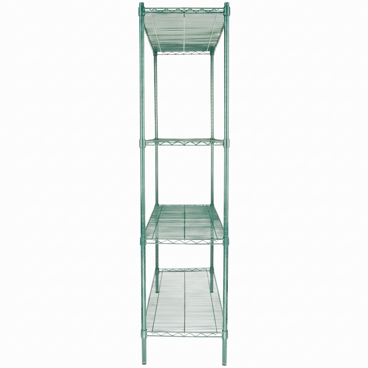 A tall, green epoxy-coated iron NSF Shelving Unit with four evenly spaced shelves stands empty, viewed from the front against a white background. The sturdy frame features vertical supports at each corner for added stability.