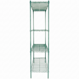 A tall, green epoxy-coated iron NSF Shelving Unit with four evenly spaced shelves stands empty, viewed from the front against a white background. The sturdy frame features vertical supports at each corner for added stability.
