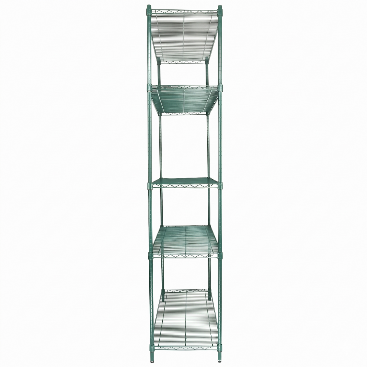 A tall, green epoxy-coated metal shelving unit with five wire shelves, viewed from the front against a plain white background. NSF certified, it's open on all sides and designed for versatile storage or organization.