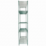 A tall, green epoxy-coated metal shelving unit with five wire shelves, viewed from the front against a plain white background. NSF certified, it's open on all sides and designed for versatile storage or organization.
