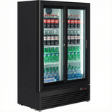A commercial glass door refrigerator filled with drinks. The top shelf has Coca-Cola varieties, the middle shelf holds Sprite, and Dasani water bottles line the bottom. This sleek refrigerator merchandiser features two clear doors and bright interior lighting.