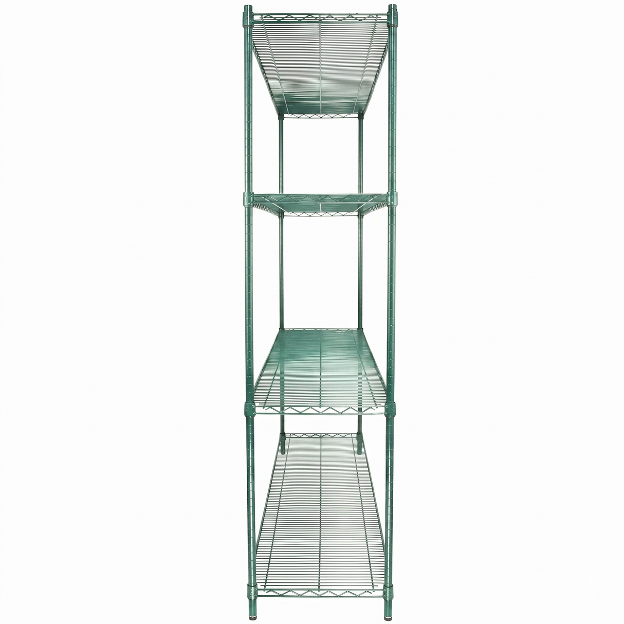 A tall, green epoxy-coated NSF shelving unit with four wire shelves, viewed from the front against a white background. The shelves are evenly spaced open metal grids, supported by four vertical posts at each corner.