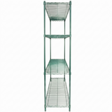 A tall, green epoxy-coated NSF shelving unit with four wire shelves, viewed from the front against a white background. The shelves are evenly spaced open metal grids, supported by four vertical posts at each corner.