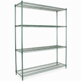 A large, freestanding shelving unit made from green epoxy-coated iron with four adjustable shelves, NSF certified for safe storage and organization. The open structure is supported by four vertical posts and finished in vibrant green.