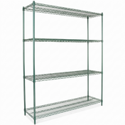 A large, freestanding shelving unit made from green epoxy-coated iron with four adjustable shelves, NSF certified for safe storage and organization. The open structure is supported by four vertical posts and finished in vibrant green.