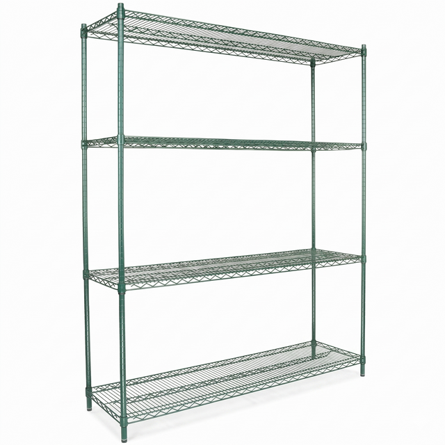 A large, freestanding shelving unit made from green epoxy-coated iron with four adjustable shelves, NSF certified for safe storage and organization. The open structure is supported by four vertical posts and finished in vibrant green.