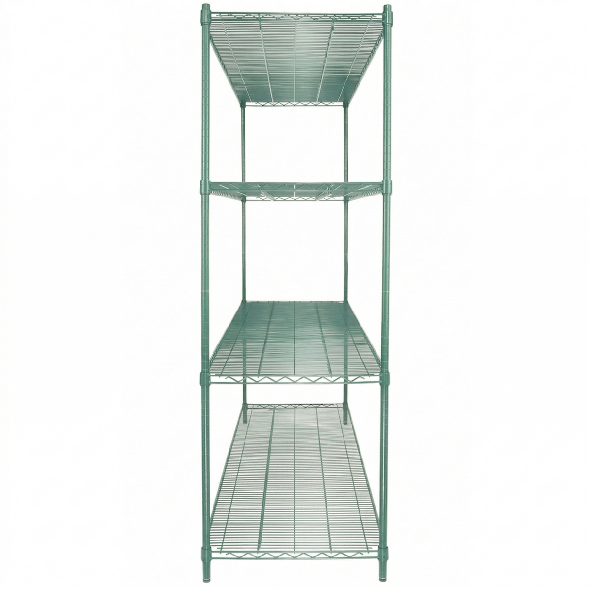 A green epoxy-coated shelving unit with four evenly spaced shelves, viewed from the front. Supported by vertical poles at each corner, this NSF metal wire structure stands empty against a plain white background.